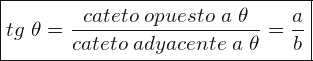 \[ \boxed{ tg\; \theta=\frac{cateto\; opuesto\; a\; \theta}{cateto\; adyacente\; a\; \theta}=\frac{a}{b}} \]