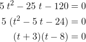 \begin{align*} 5\; t^{2}-25\;t-120 &=0 \\ 5\;(t^{2}-5\;t-24) &=0 \\ (t+3)(t-8) &=0 \end{align*}